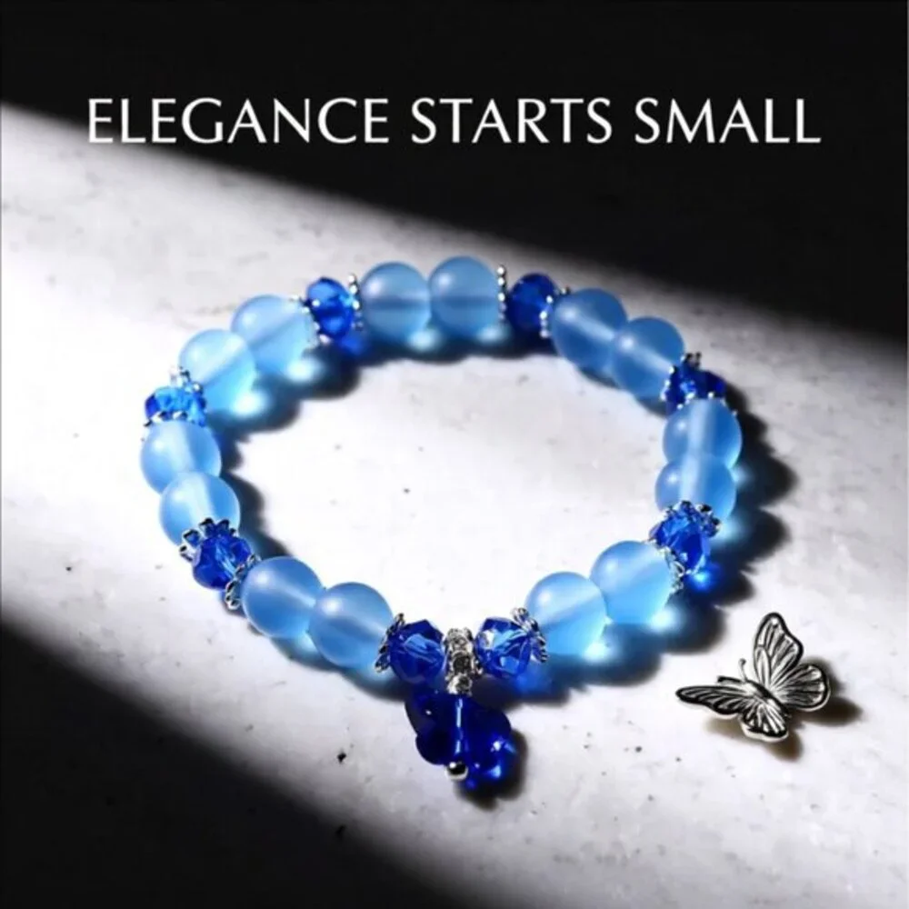 Blue Butterfly - Beaded Stretch Bracelet 4 Girls 5.5-6" Wrists! - Picture 2 of 9